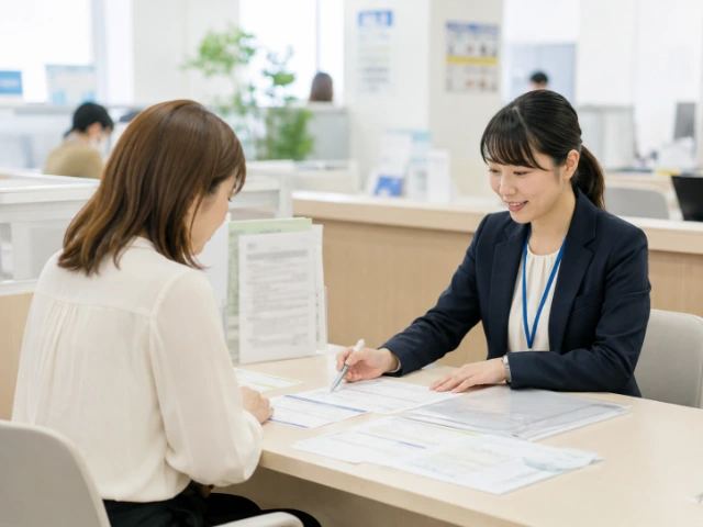 市区町村の障害福祉サービス窓口で受給者証の申請手続きについて説明を受ける様子
