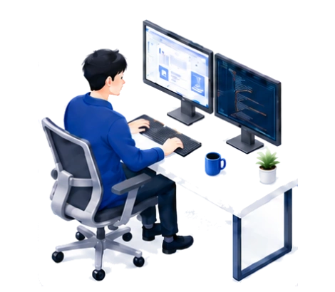 デュアルモニターでパソコン作業に取り組む人のイラスト