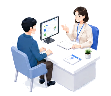 スタッフと画面を見ながら相談する人のイラスト