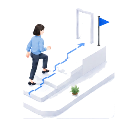 階段を一歩ずつ上り、次の扉へ向かう人のイラスト